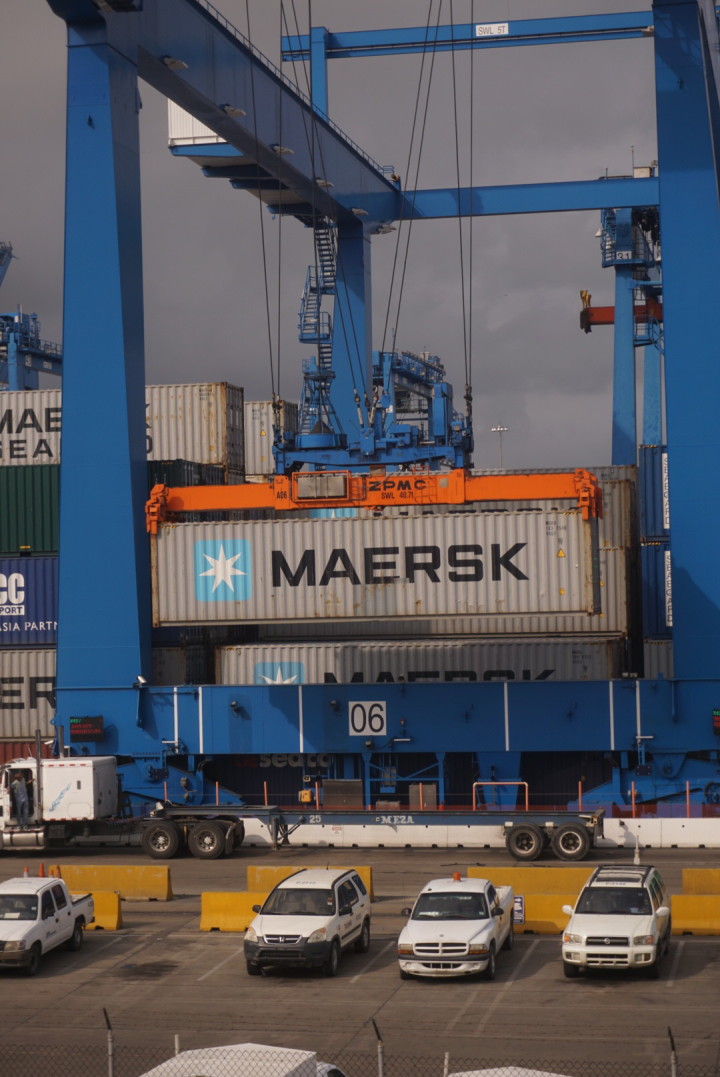 A container is moved at the Manzanillo International Terminal, for continued transit.